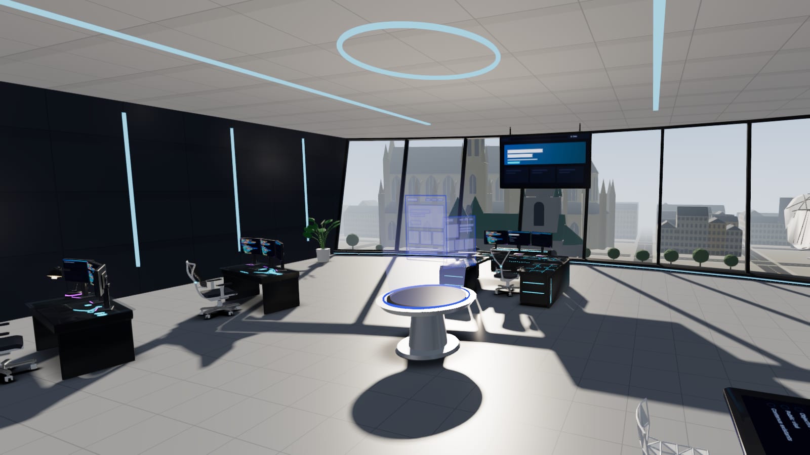 Le poste de pilotage d'une agence web reconstruit en 3D : une salle claire au sommet d'une tour, une grande baie inclinée sur une ville, une table de réunion à droite, des postes à trois écrans à gauche, un projecteur d'hologramme au milieu, et devant la baie une console en U sous un grand écran.